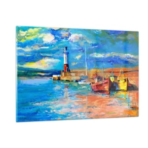 Quadro su vetro - Rainbow Bay con un faro e barche colorate nel porto - 120x80cm - Pomeriggio nell'insenatura multicolore - Decorazione murale moderna per soggiorno e camera da letto ARTTOR