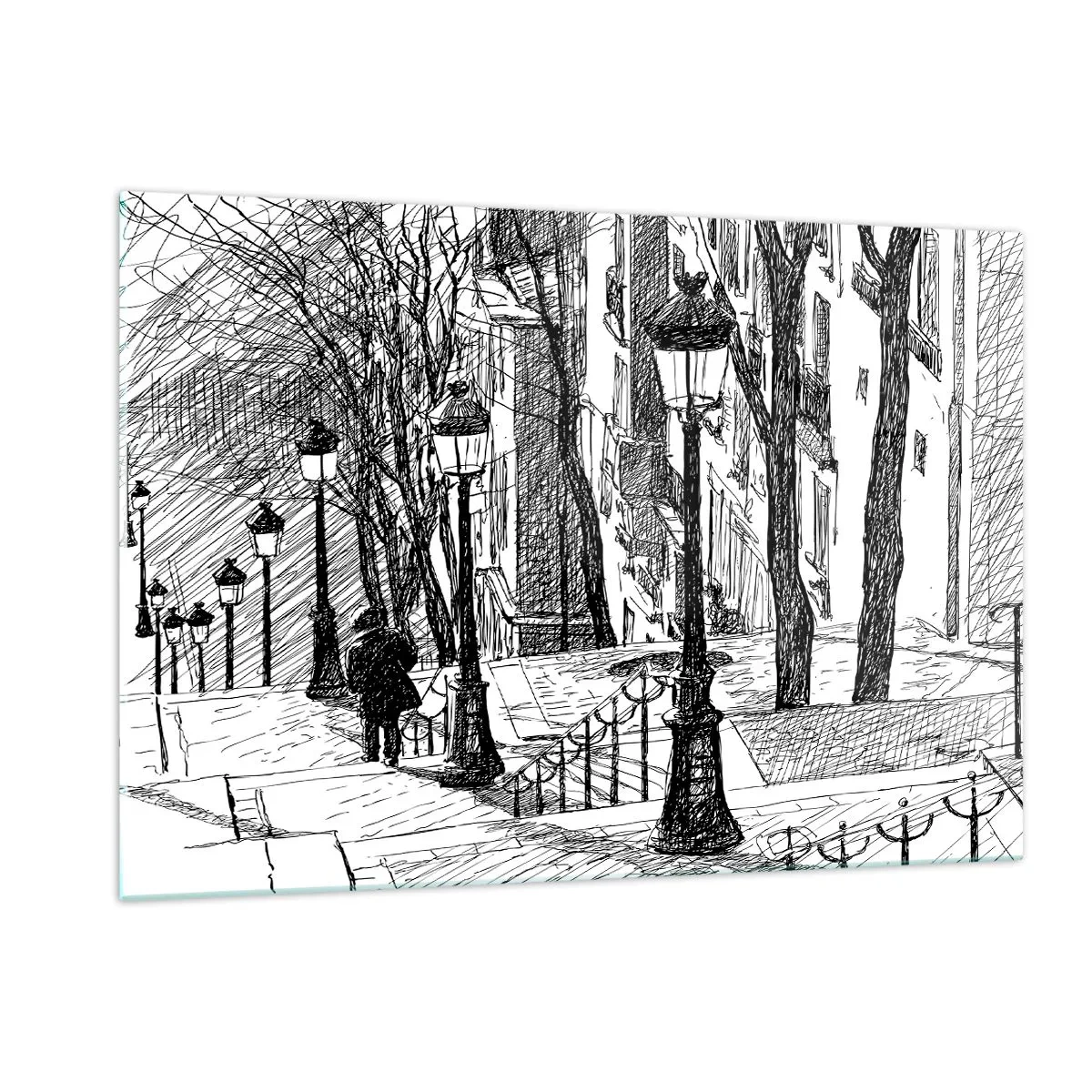 Quadro su vetro - Disegno in bianco e nero di una strada cittadina con lanterne - 120x80cm - Storia d'amore o racconto di paura? - Decorazione murale moderna per soggiorno e camera da letto ARTTOR