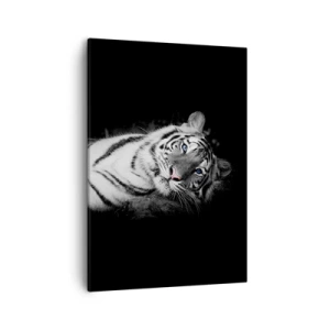 Quadro su tela - Stampe su Tela - Una tigre bianca artisticamente raffigurata su uno sfondo nero - 50x70cm - Selvaggità e pace - Decorazione murale moderna per soggiorno e camera da letto ARTTOR