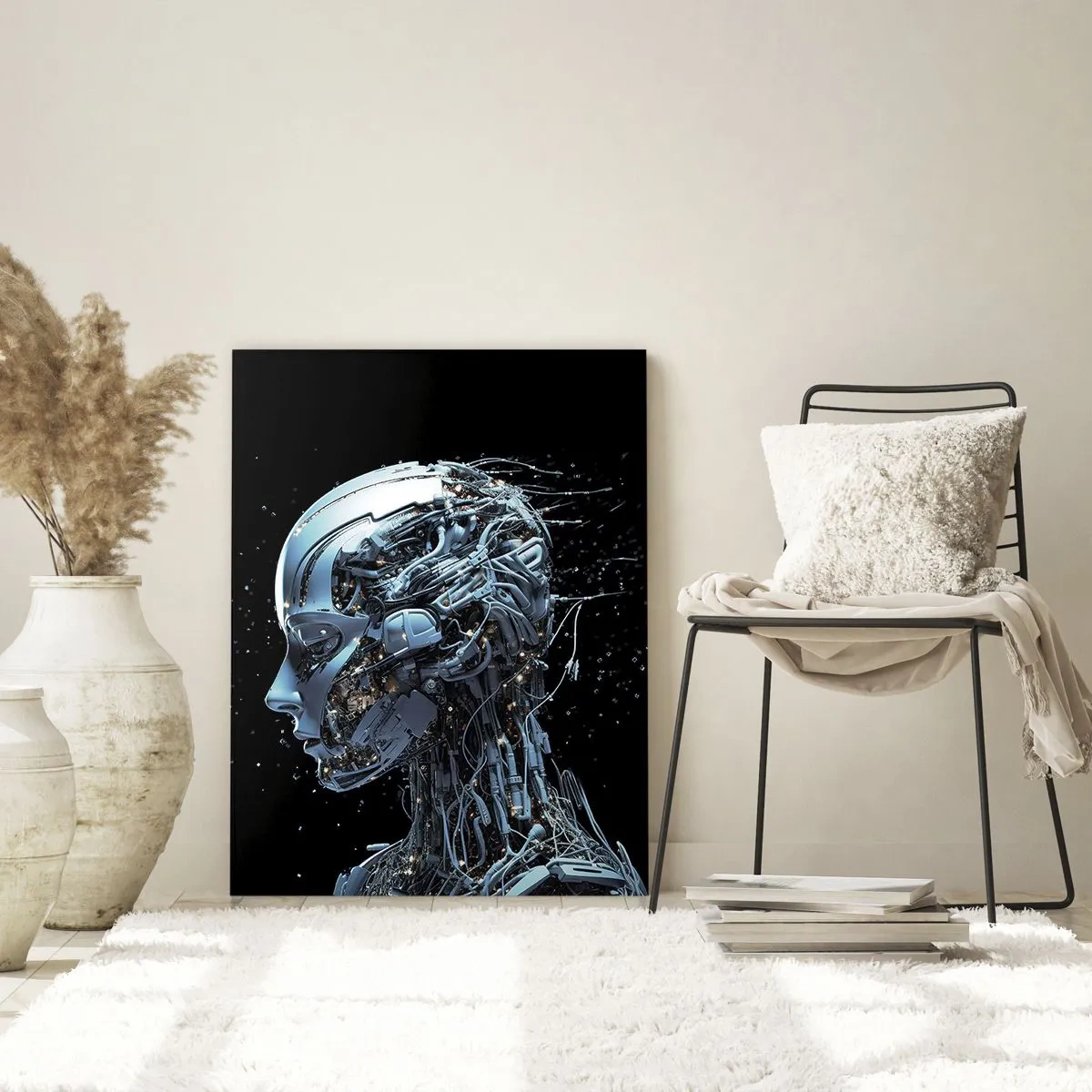 Quadro su vetro - Profilo di un robot femmina con fili e meccanismi - 50x70cm - La tecnologia è donna - Decorazione murale moderna per soggiorno e camera da letto ARTTOR