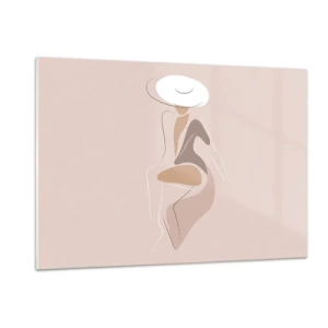 Quadro su vetro - Silhouette di una donna con un cappello su uno sfondo beige - 120x80cm - Essere una dama - Decorazione murale moderna per soggiorno e camera da letto ARTTOR