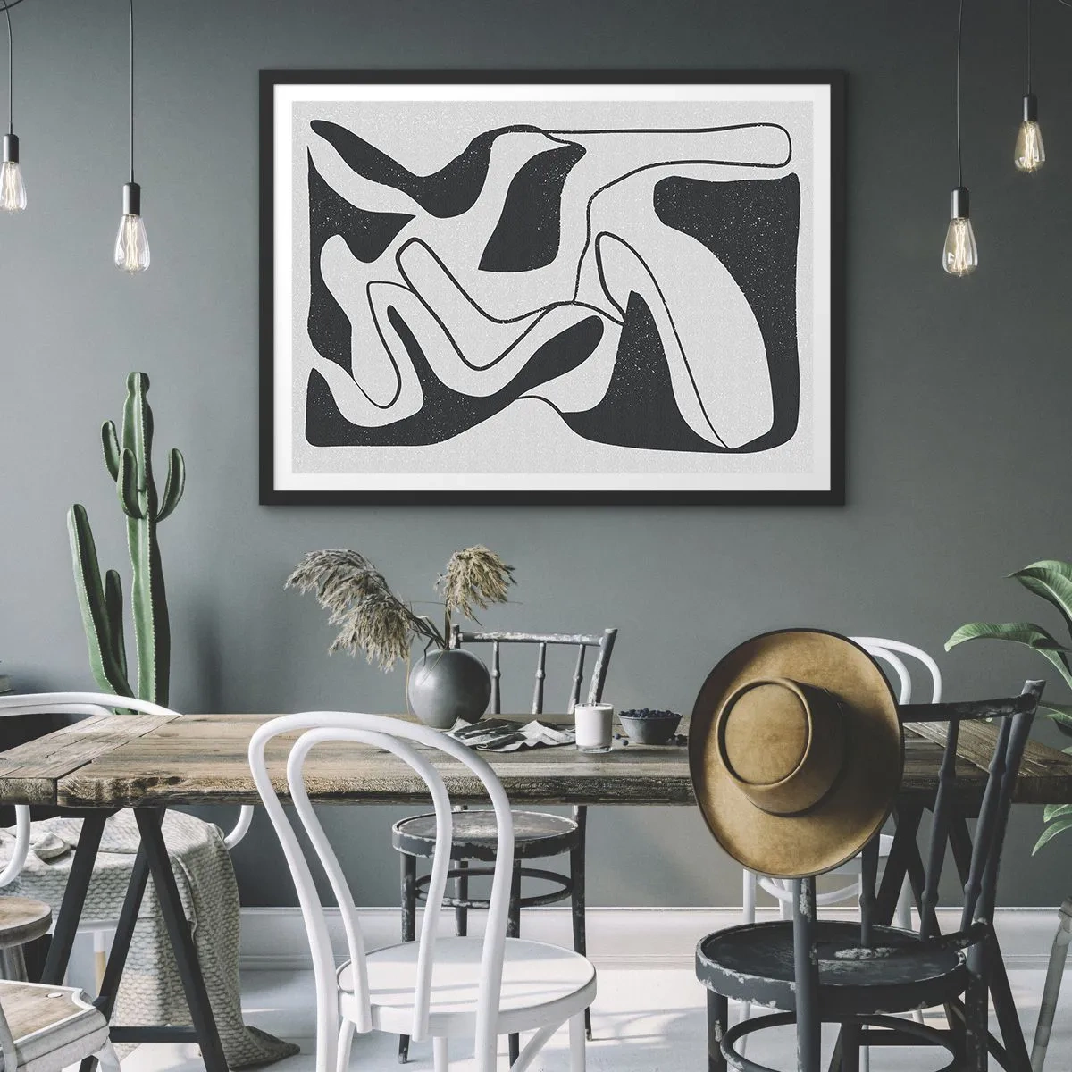 Poster in cornice nera - Astrazione in bianco e nero con forme organiche - 70x50cm - Gioco astratto nel labirinto - Decorazione murale moderna per soggiorno e camera da letto ARTTOR