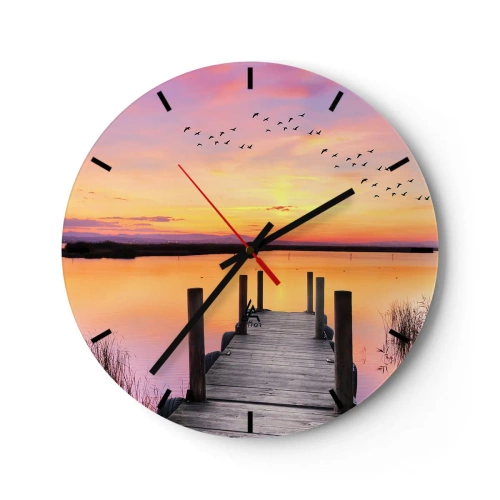 Orologio da parete - Orologio in Vetro - Un molo su un lago al tramonto, uccelli che volano via - 30x30cm - Alba viola e silenziosa - Decorazione murale moderna per soggiorno, cucina e camera da letto ARTTOR