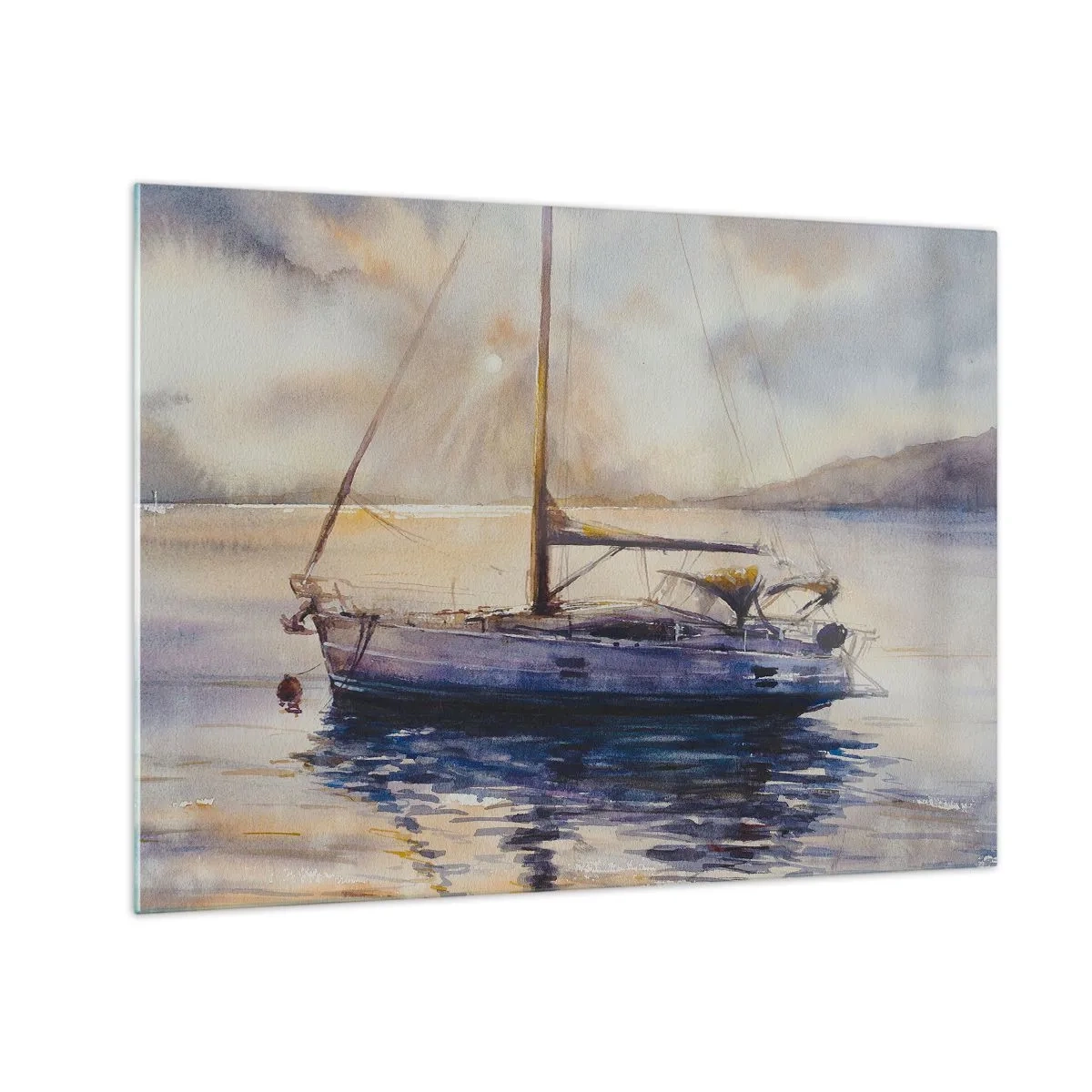 Quadro su vetro - Uno yacht ormeggiato in una baia tranquilla al tramonto - 70x50cm - La sera nel golfo - Decorazione murale moderna per soggiorno e camera da letto ARTTOR