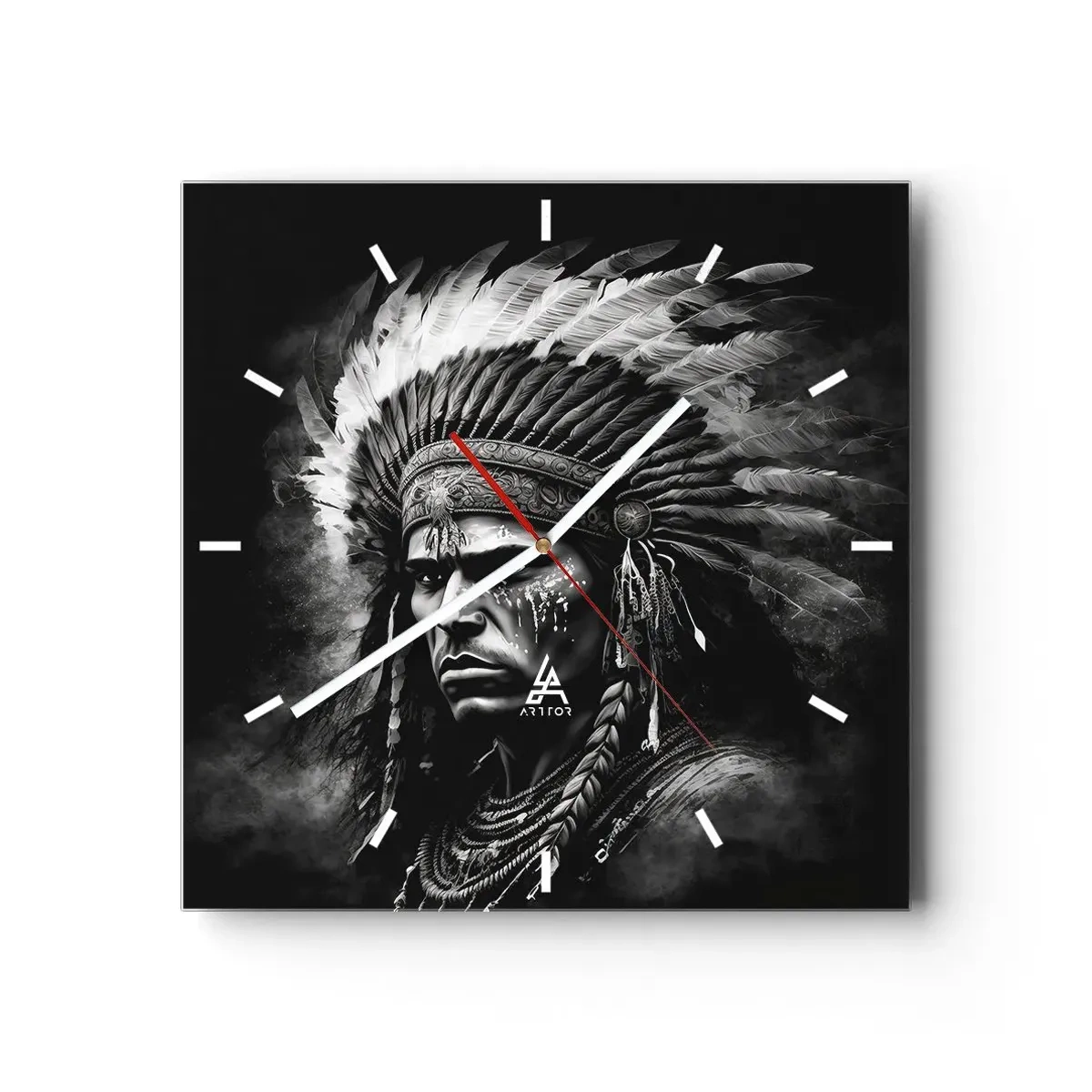 Orologio da parete - Orologio in Vetro - Ritratto di un capo con un copricapo piumato su sfondo nero - 30x30cm - Capo e guerriero - Decorazione murale moderna per soggiorno e camera da letto ARTTOR