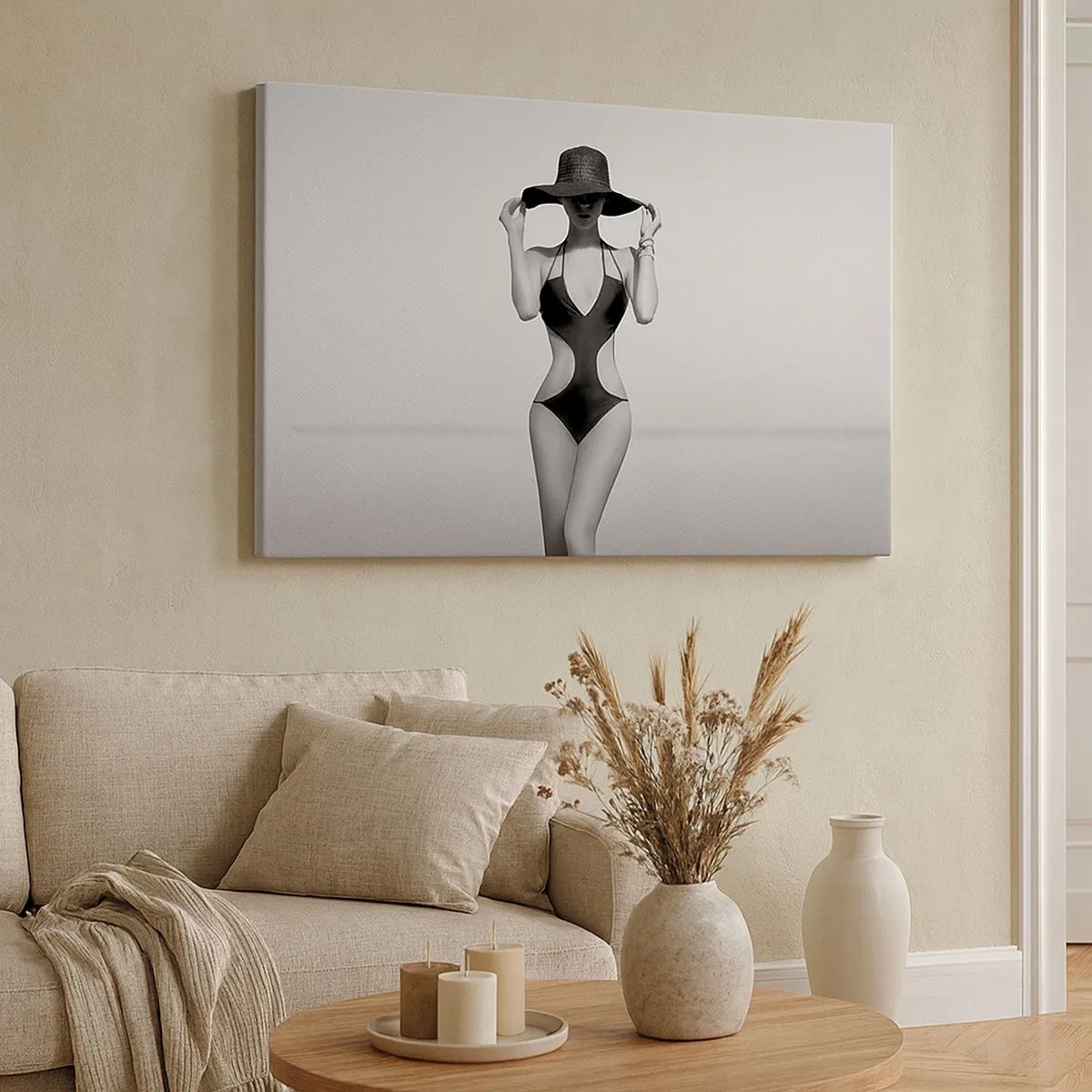 Quadro su tela - Stampe su Tela - Silhouette in bianco e nero di una donna con un cappello sullo sfondo del mare - 70x50cm - Il mio nome è Eleganza - Decorazione murale moderna per soggiorno e camera da letto ARTTOR