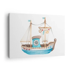 Quadro su tela - Stampe su Tela - Illustrazione di una nave in colori pastello su sfondo bianco - 70x50cm - Benvenuta avventura! - Decorazione murale moderna per soggiorno e camera da letto ARTTOR