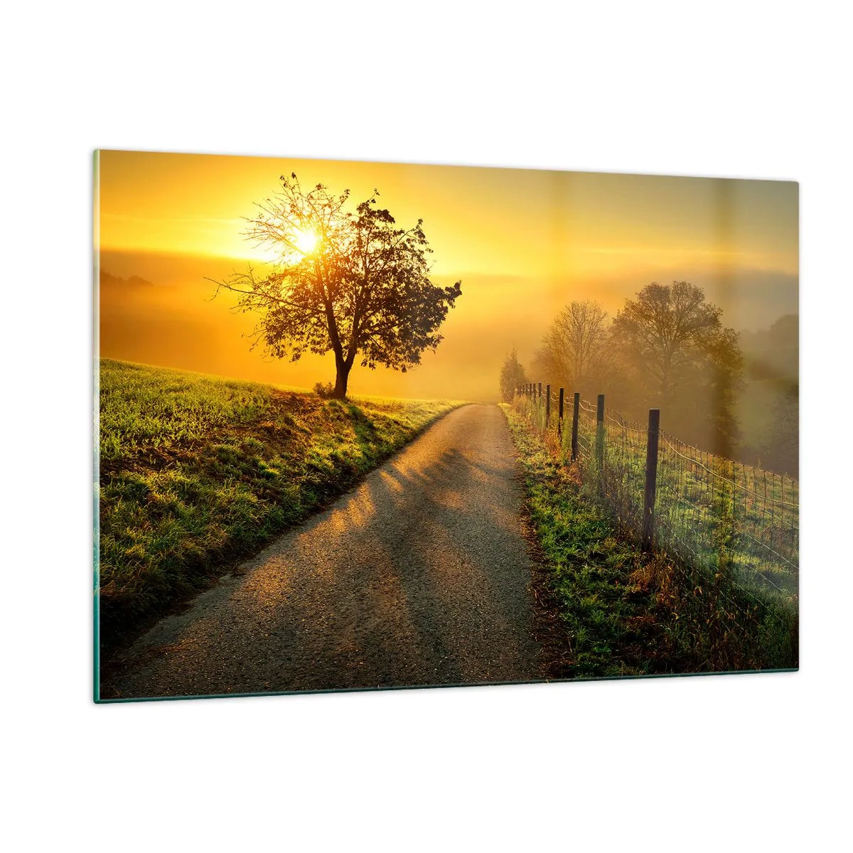 Quadro su vetro - Una strada attraverso un paesaggio rurale al tramonto - 120x80cm - Pomeriggio di miele - Decorazione murale moderna per soggiorno e camera da letto ARTTOR