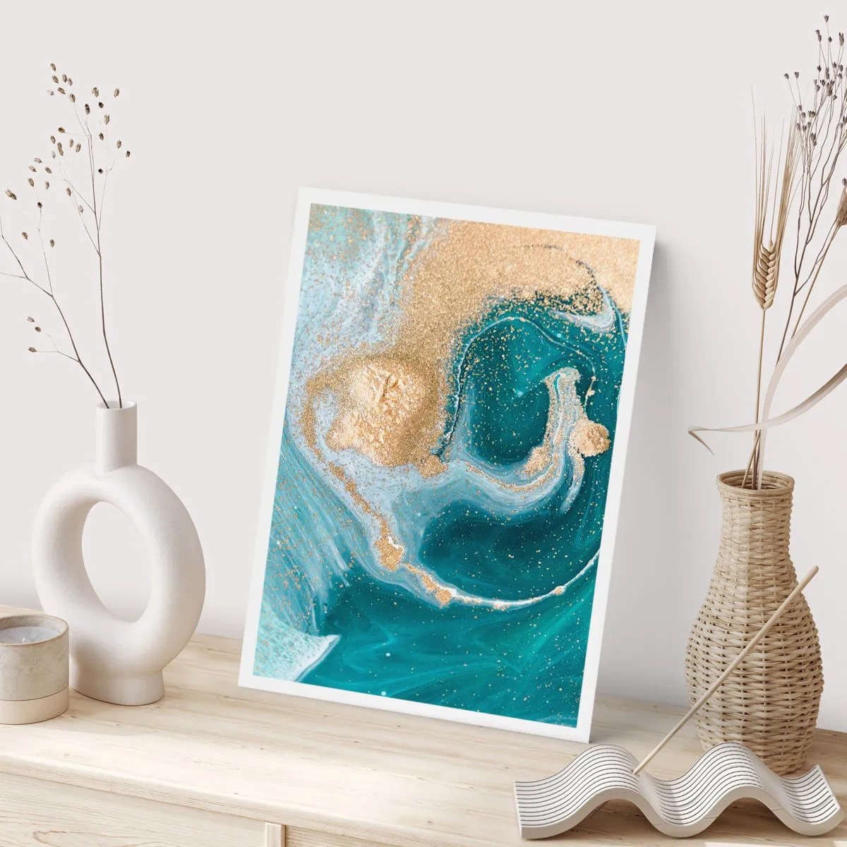 Poster - Motivo astratto in oro e turchese in forme fluide - 50x70cm - Vortice di oro e turchese - Decorazione murale moderna per soggiorno e camera da letto ARTTOR