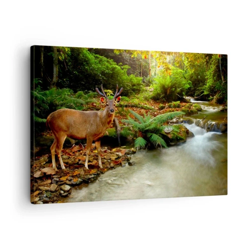 Quadro su tela - Stampe su Tela - Un cervo vicino a un ruscello circondato dal verde della foresta - 70x50cm - Benvenuto nel mio mondo - Decorazione murale moderna per soggiorno e camera da letto ARTTOR