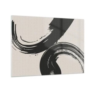 Quadro su vetro - Pennellate calligrafiche nere e dinamiche su uno sfondo chiaro. - 70x50cm - Energico e circolare - Decorazione murale moderna per soggiorno e camera da letto ARTTOR