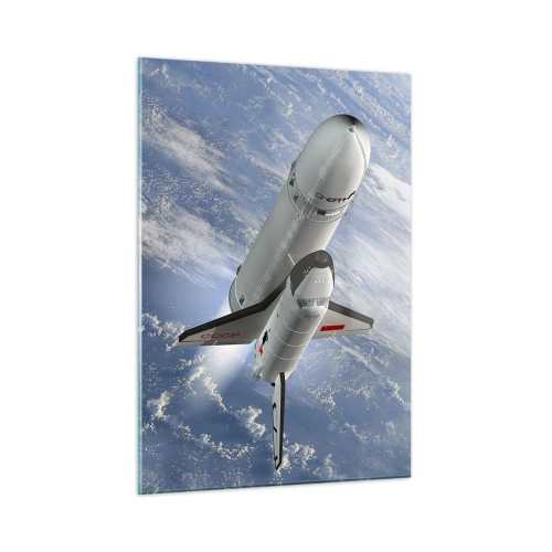 Quadro su vetro - Uno space shuttle decolla nello spazio con la Terra sullo sfondo. - 50x70cm - Ascensione cosmica - Decorazione murale moderna per soggiorno e camera da letto ARTTOR