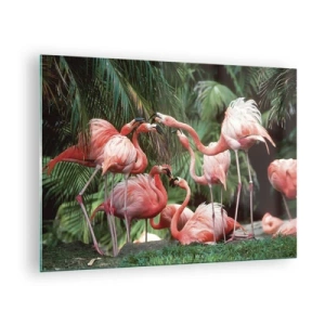 Quadro su vetro - Fenicotteri tra la vegetazione tropicale dai colori vivaci - 70x50cm - Pettegolezzi pomeridiani - Decorazione murale moderna per soggiorno e camera da letto ARTTOR