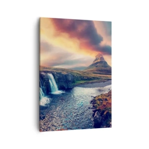 Quadro su tela - Stampe su Tela - Vista della cascata e della montagna alla luce del sole al tramonto - 50x70cm - Nella maestà della natura - Decorazione murale moderna per soggiorno e camera da letto ARTTOR