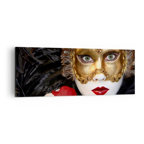 Quadro su tela - Stampe su Tela - Maschera veneziana dorata con piume e rosa rossa, motivo misterioso. - 140x50cm - Perché la vita è un grande ballo - Decorazione murale moderna per soggiorno e camera da letto ARTTOR