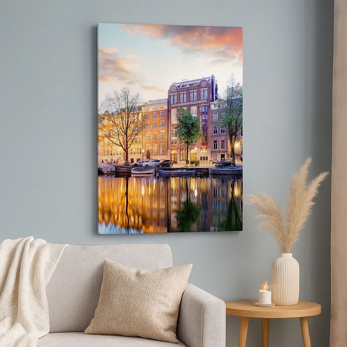 Quadro su tela - Stampe su Tela - Canale con il riflesso delle case popolari nella luce della sera - 50x70cm - Bellezza olandese riservata e tranquilla - Decorazione murale moderna per soggiorno e camera da letto ARTTOR