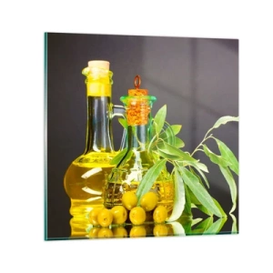 Quadro su vetro - Natura morta con olive e olio - 70x70 cm