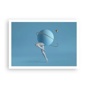 Poster - Una sfera blu con un'orbita e gambe umane contro il cielo - 100x70cm - E i pianeti folleggiano - Decorazione murale moderna per soggiorno e camera da letto ARTTOR