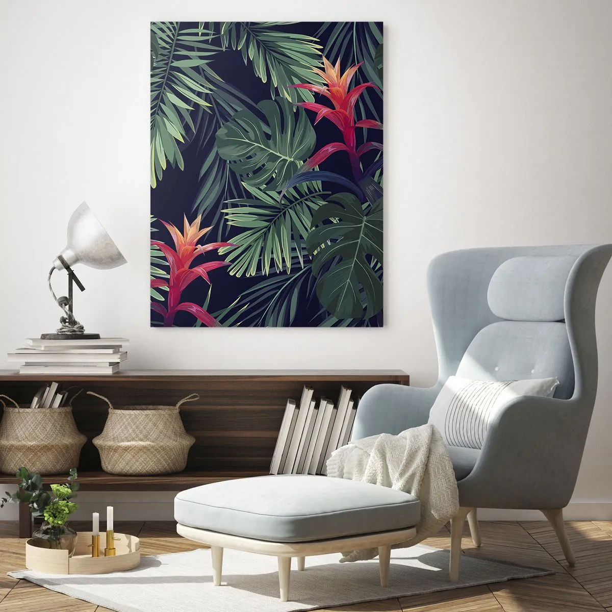 Quadro su vetro - Foglie e fiori esotici su sfondo scuro - 50x70cm - Fiammante nel verde - Decorazione murale moderna per soggiorno e camera da letto ARTTOR