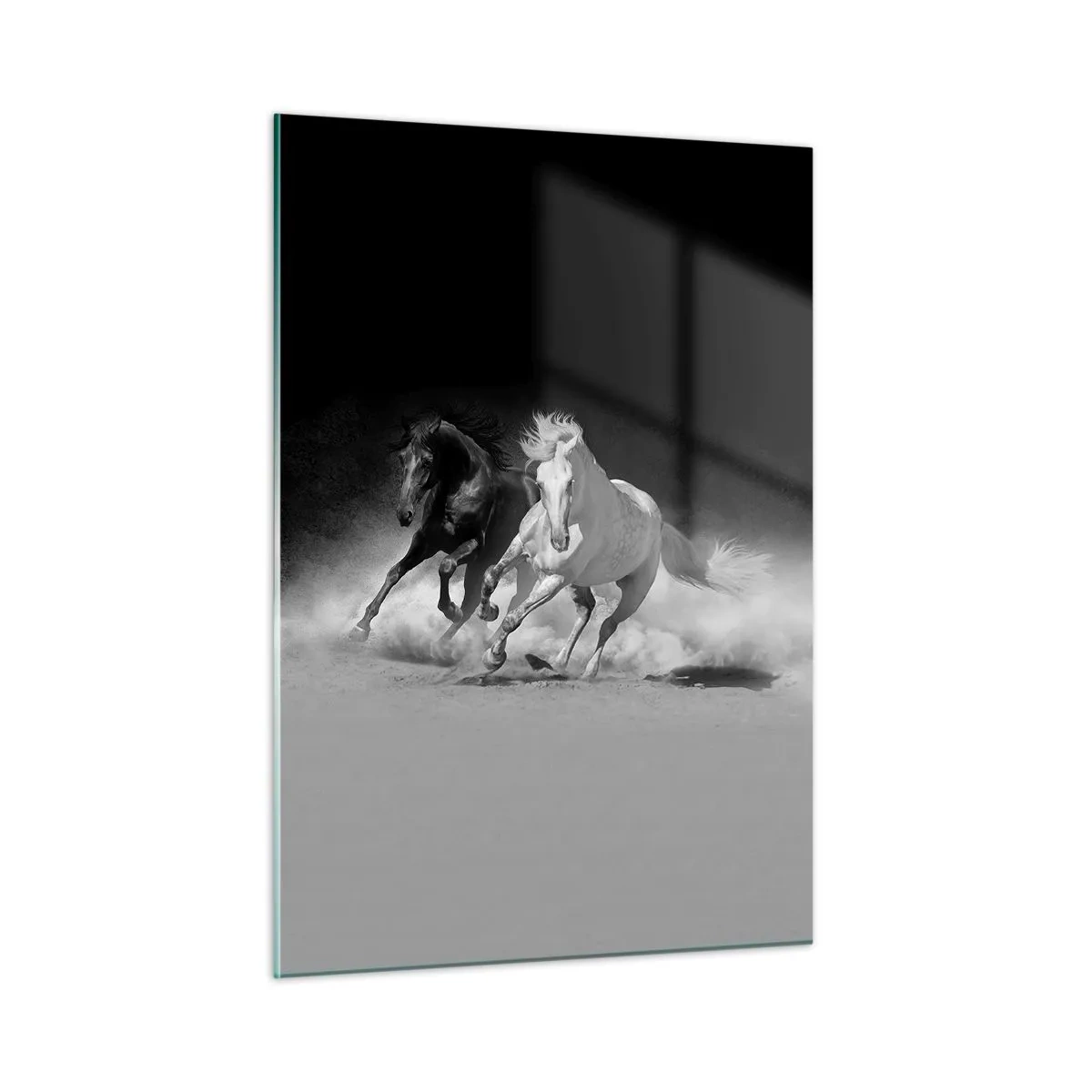 Quadro su vetro - Cavalli in corsa in bianco e nero - 50x70cm - Il galoppo della libertà - Decorazione murale moderna per soggiorno e camera da letto ARTTOR