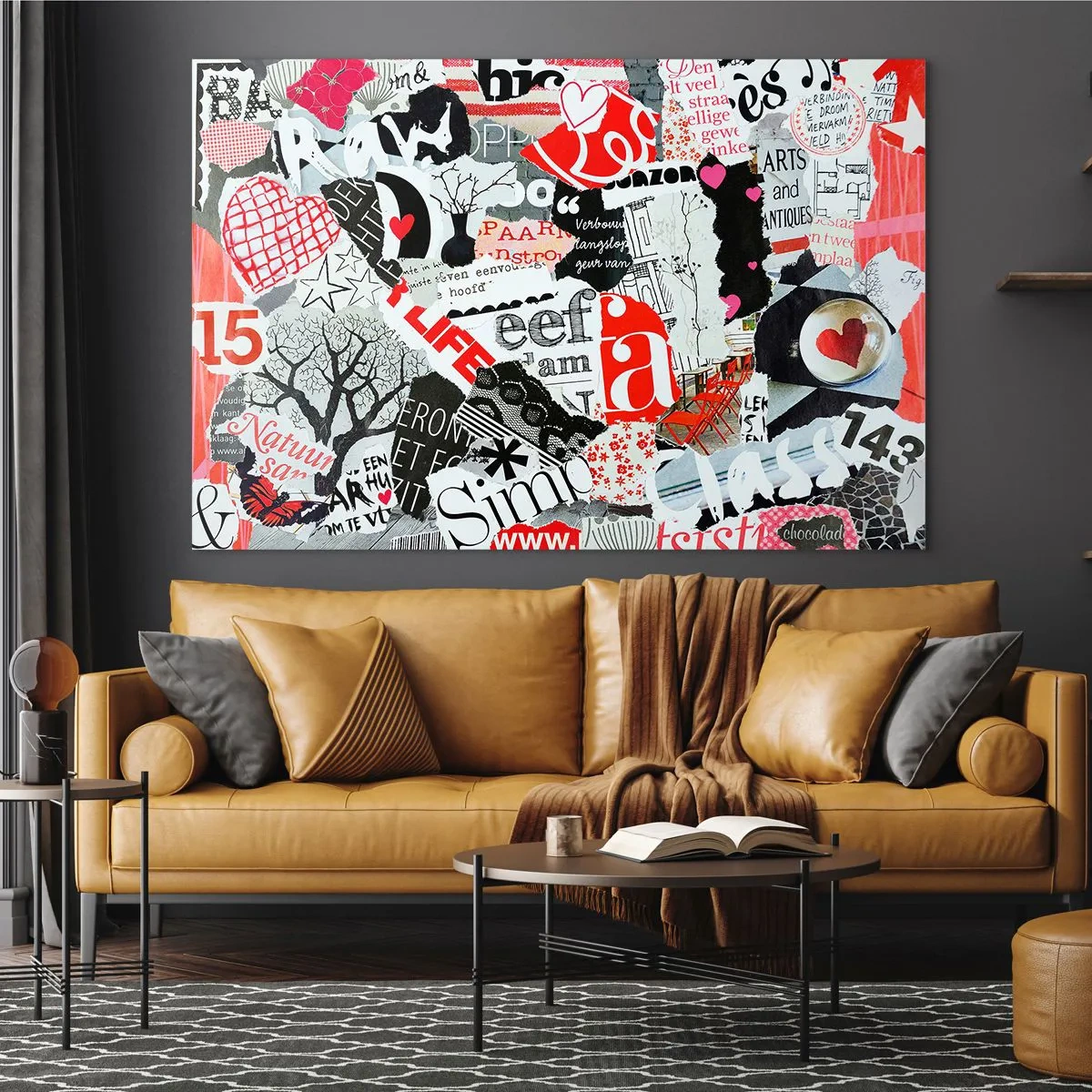 Quadro su vetro - Un collage di lettere, cuori e alberi in stile artistico. - 100x70cm - Collage hipster - Decorazione murale moderna per soggiorno e camera da letto ARTTOR