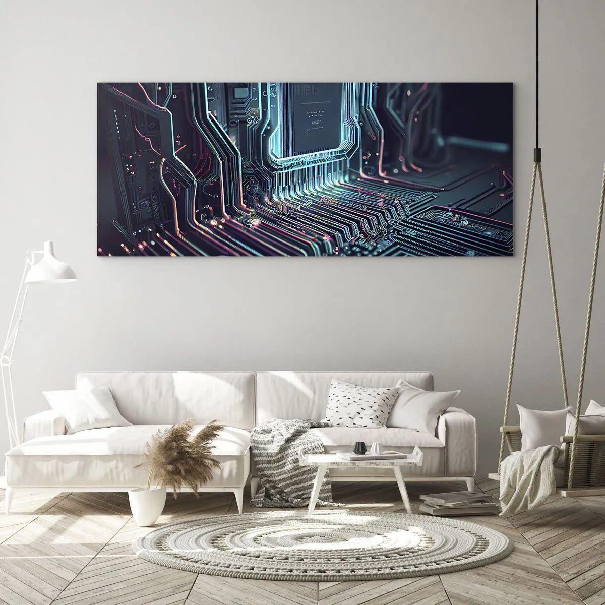 Quadro su vetro - Circuito stampato tecnologico con tracce illuminate - 160x50cm - Sto pensando qualcosa... - Decorazione murale moderna per soggiorno e camera da letto ARTTOR