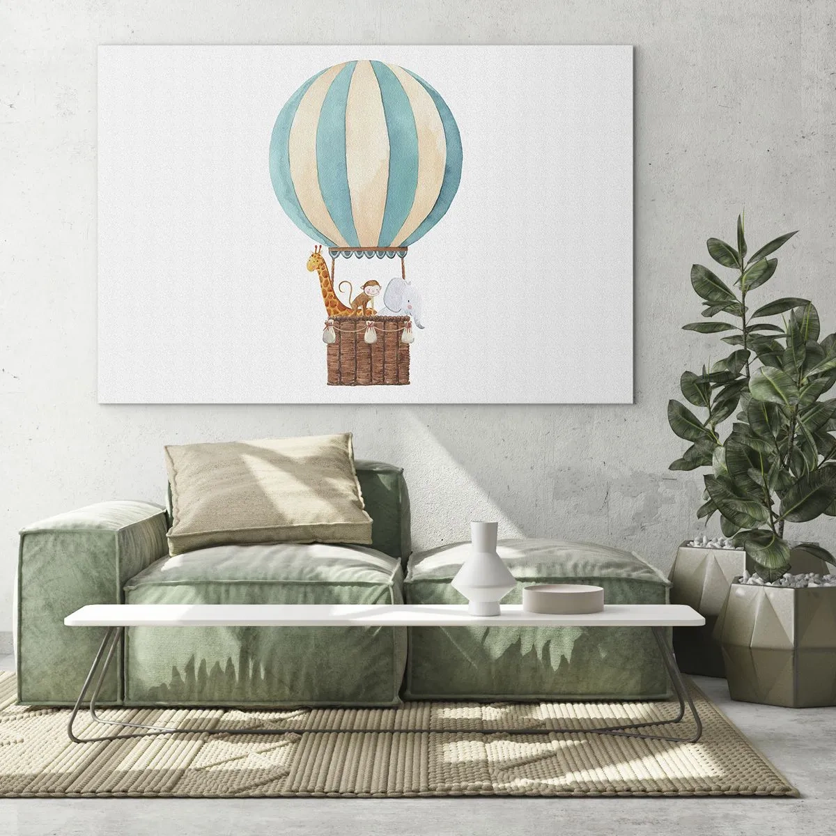 Quadro su vetro - Un palloncino con una giraffa, una scimmia e un elefante su uno sfondo bianco - 100x70cm - Una gita fantastica - Decorazione murale moderna per soggiorno e camera da letto ARTTOR