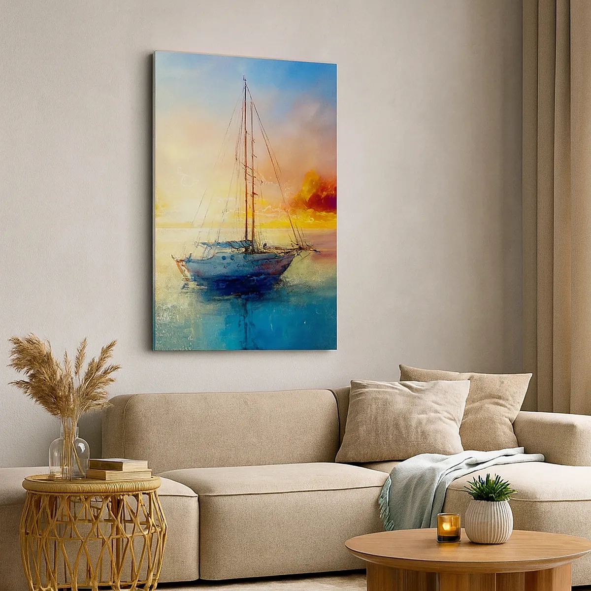 Quadro su tela - Stampe su Tela - Uno yacht su un mare calmo al tramonto - 50x70cm - Nella baia dorata - Decorazione murale moderna per soggiorno e camera da letto ARTTOR