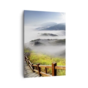 Quadro su tela - Stampe su Tela - Un sentiero di legno tra le montagne nebbiose al mattino - 70x100cm - Avvolti di luce e nebbia - Decorazione murale moderna per soggiorno e camera da letto ARTTOR