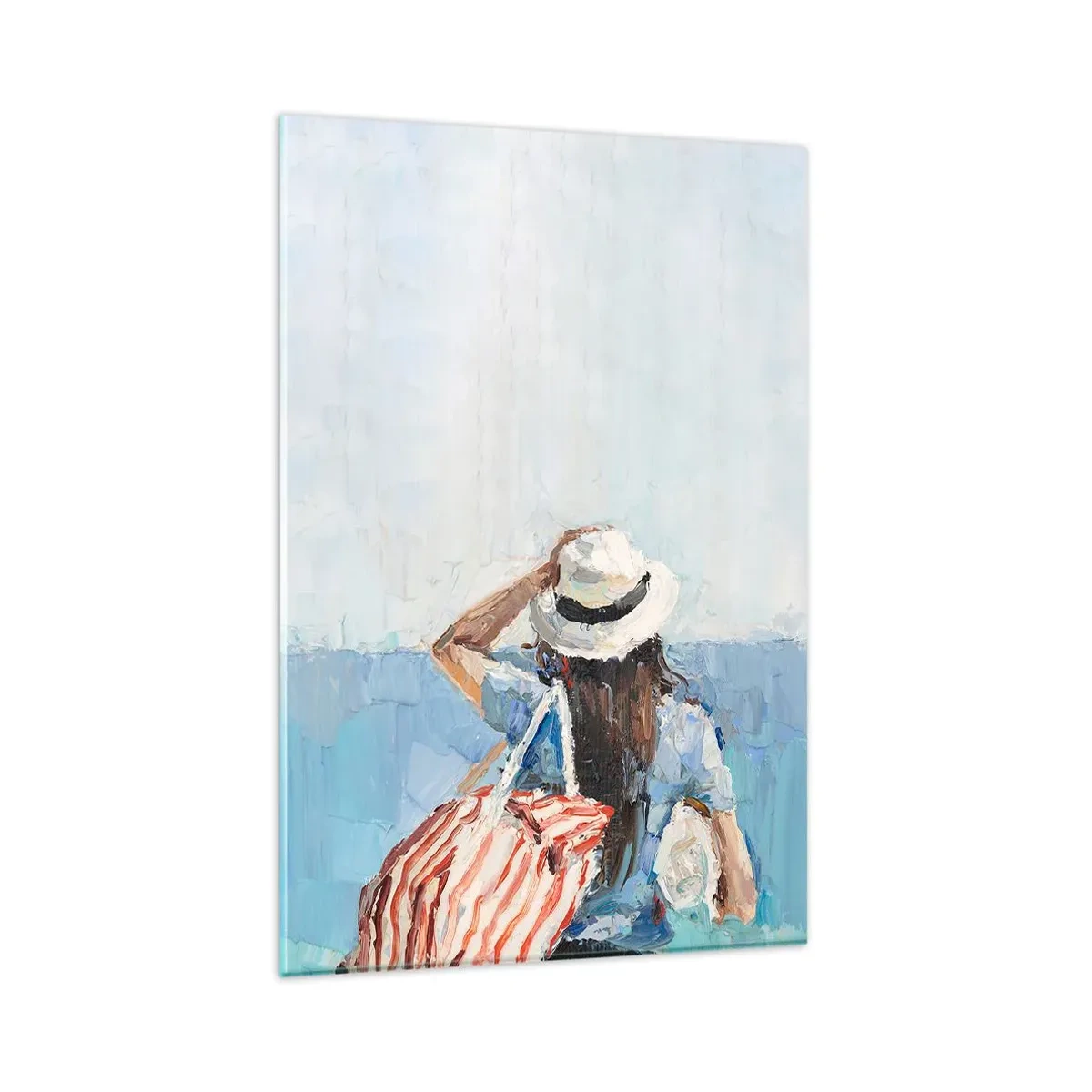Quadro su vetro - Una donna con un cappello contro il mare blu - 80x120cm - Benvenuti in vacanza - Decorazione murale moderna per soggiorno e camera da letto ARTTOR