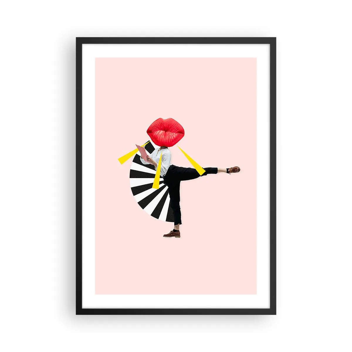 Poster in cornice nera - Una composizione surreale con labbra ed elementi geometrici su uno sfondo rosa. - 50x70cm - Pop-art surrealistica - Decorazione murale moderna per soggiorno e camera da letto ARTTOR