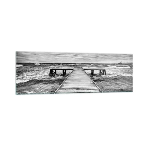 Quadro su vetro - Una vista in bianco e nero di un molo di legno su un mare in tempesta. - 160x50cm - Aspetto che il vento le scacci via... - Decorazione murale moderna per soggiorno e camera da letto ARTTOR