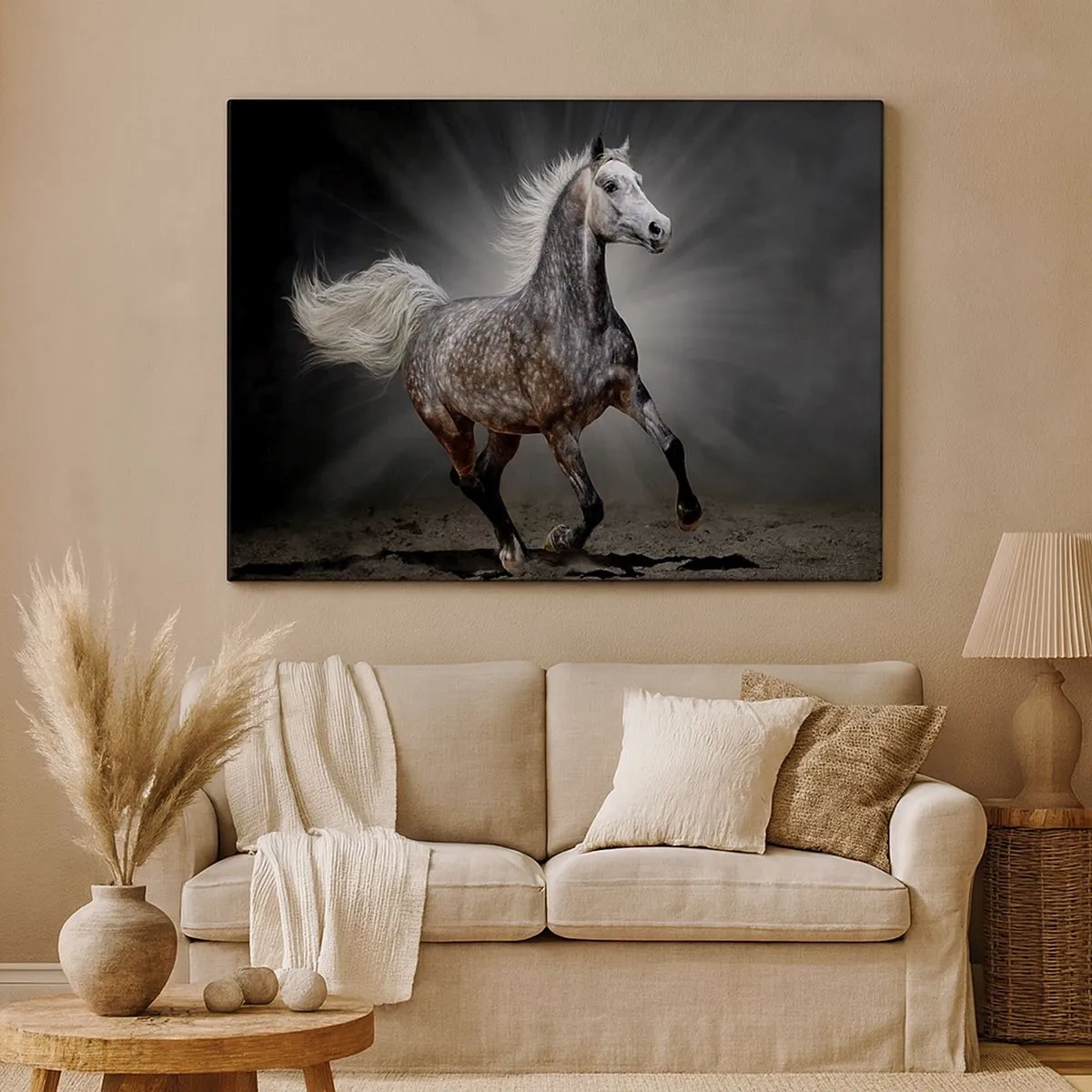 Quadro su tela - Stampe su Tela - Un cavallo bianco al galoppo su uno sfondo scuro - 70x50cm - Grigio è bello - Decorazione murale moderna per soggiorno e camera da letto ARTTOR