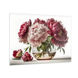 Quadro su vetro - Un bouquet di peonie in un vaso di vetro su uno sfondo chiaro - 70x50cm - Bellezza in piena fioritura - Decorazione murale moderna per soggiorno e camera da letto ARTTOR