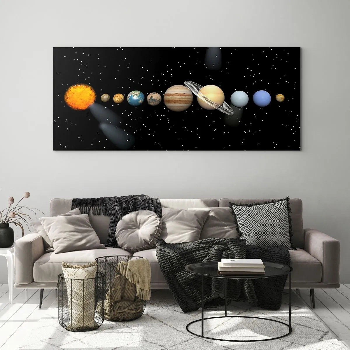Quadro su vetro - Il sistema solare con i pianeti sullo sfondo delle stelle nello spazio - 120x50cm - E i pianeti folleggiano... - Decorazione murale moderna per soggiorno e camera da letto ARTTOR