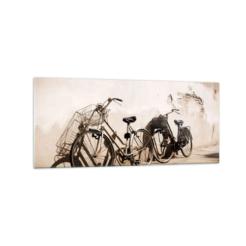Quadro su vetro - Due biciclette appoggiate a un vecchio muro in stile retrò - 120x50cm - L'indimenticabile bellezza del passato - Decorazione murale moderna per soggiorno e camera da letto ARTTOR
