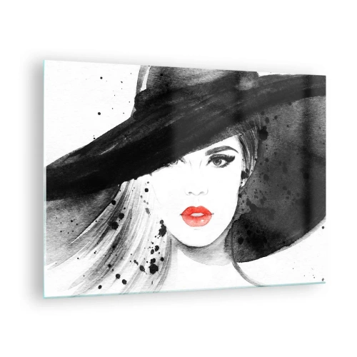 Quadro su vetro - Ritratto di una donna con un cappello nero e labbra rosse - 70x50cm - Donna in nero - Decorazione murale moderna per soggiorno e camera da letto ARTTOR