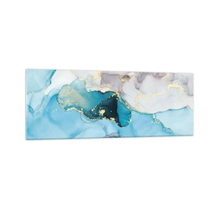 Quadro su vetro - Astrazione nei toni del blu e dell'oro con linee sottili - 140x50cm - Studio di incontro tra grigio e turchese - Decorazione murale moderna per soggiorno e camera da letto ARTTOR