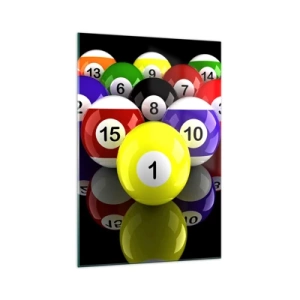 Quadro su vetro - Palle da biliardo colorate disposte a triangolo su sfondo nero - 70x100cm - I diversi colori del gioco - Decorazione murale moderna per soggiorno e camera da letto ARTTOR