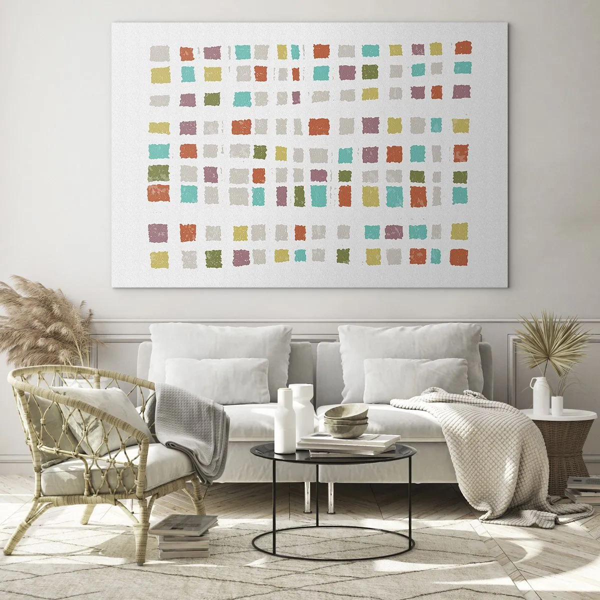 Quadro su vetro - Mosaico colorato di quadrati su sfondo bianco in stile astratto - 70x50cm - Un gioco sconosciuto - Decorazione murale moderna per soggiorno e camera da letto ARTTOR