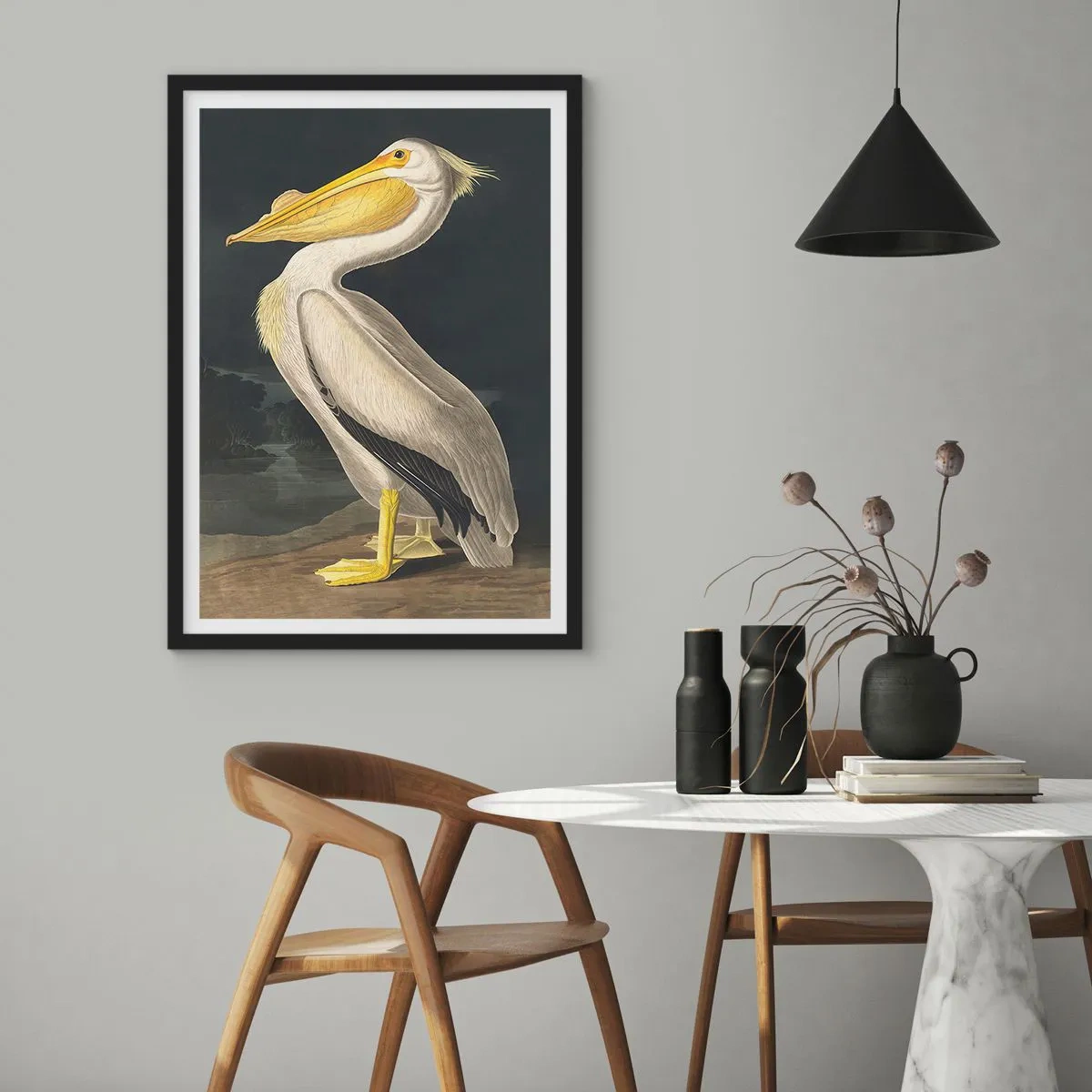 Poster in cornice nera - Pellicano in un'illustrazione classica su sfondo scuro - 50x70cm - Pieno di orgoglio - Decorazione murale moderna per soggiorno e camera da letto ARTTOR