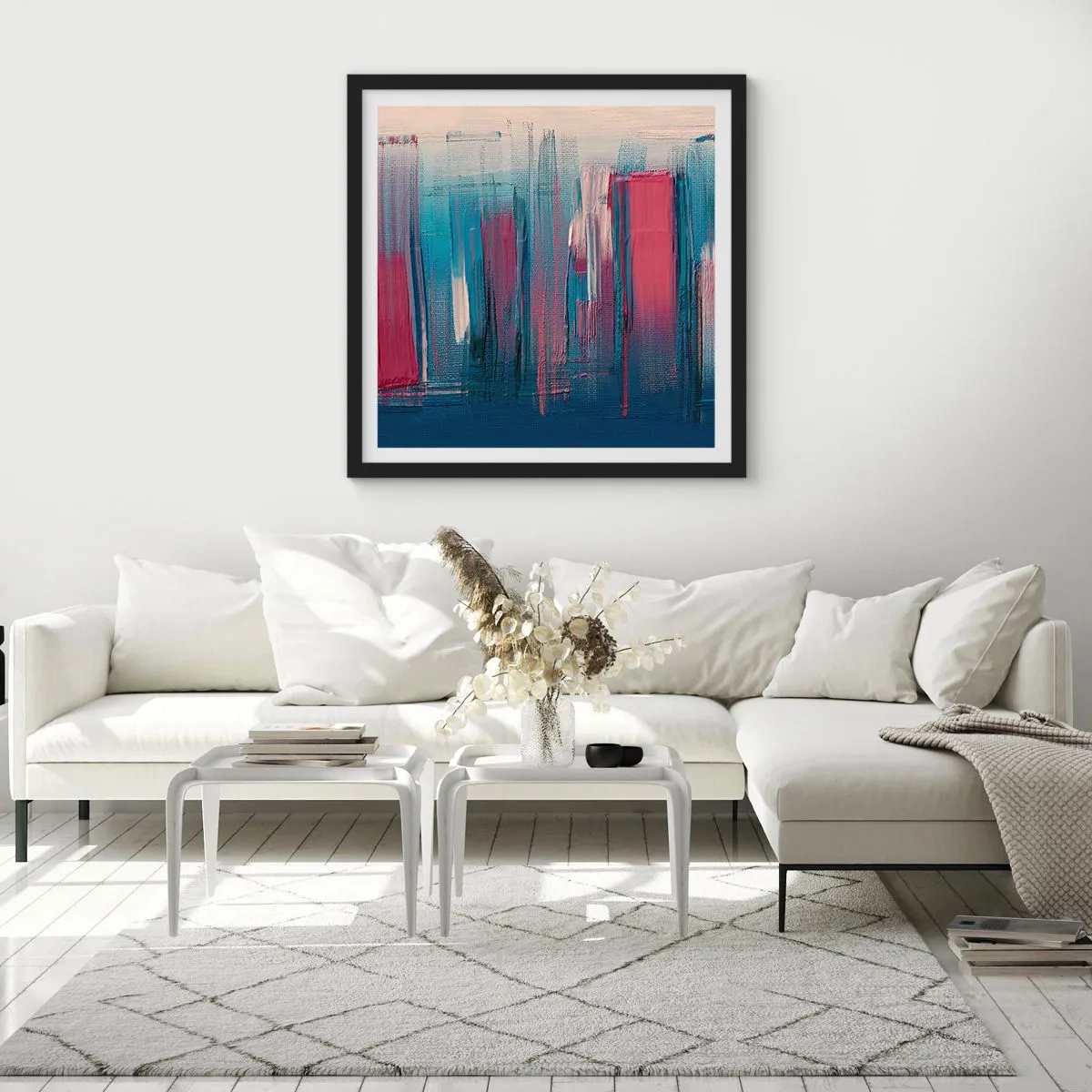 Poster in cornice nera - Composizione verticale in blu e rosso - 30x30 cm