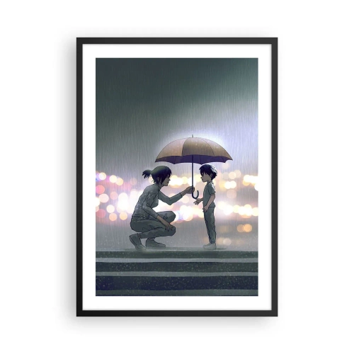 Poster in cornice nera - Un adulto che porge un ombrello a un bambino su uno sfondo piovoso - 50x70cm - E già tutto va bene - Decorazione murale moderna per soggiorno e camera da letto ARTTOR