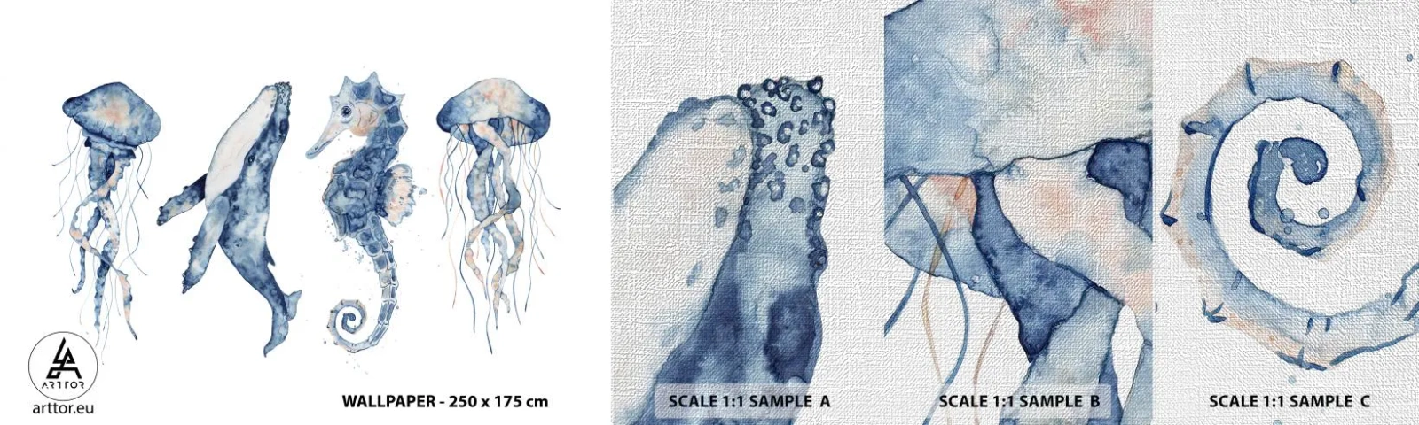 Campione di Fotomurale Premium Canvas - Meraviglie del mare - Animali marini, Cavalluccio marino, Medusa - 100x30 cm