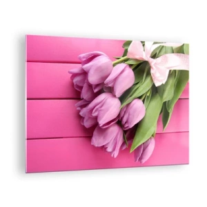 Quadro su vetro - Un mazzo di tulipani rosa su uno sfondo di legno - 70x50cm - Proprio per te - Decorazione murale moderna per soggiorno e camera da letto ARTTOR