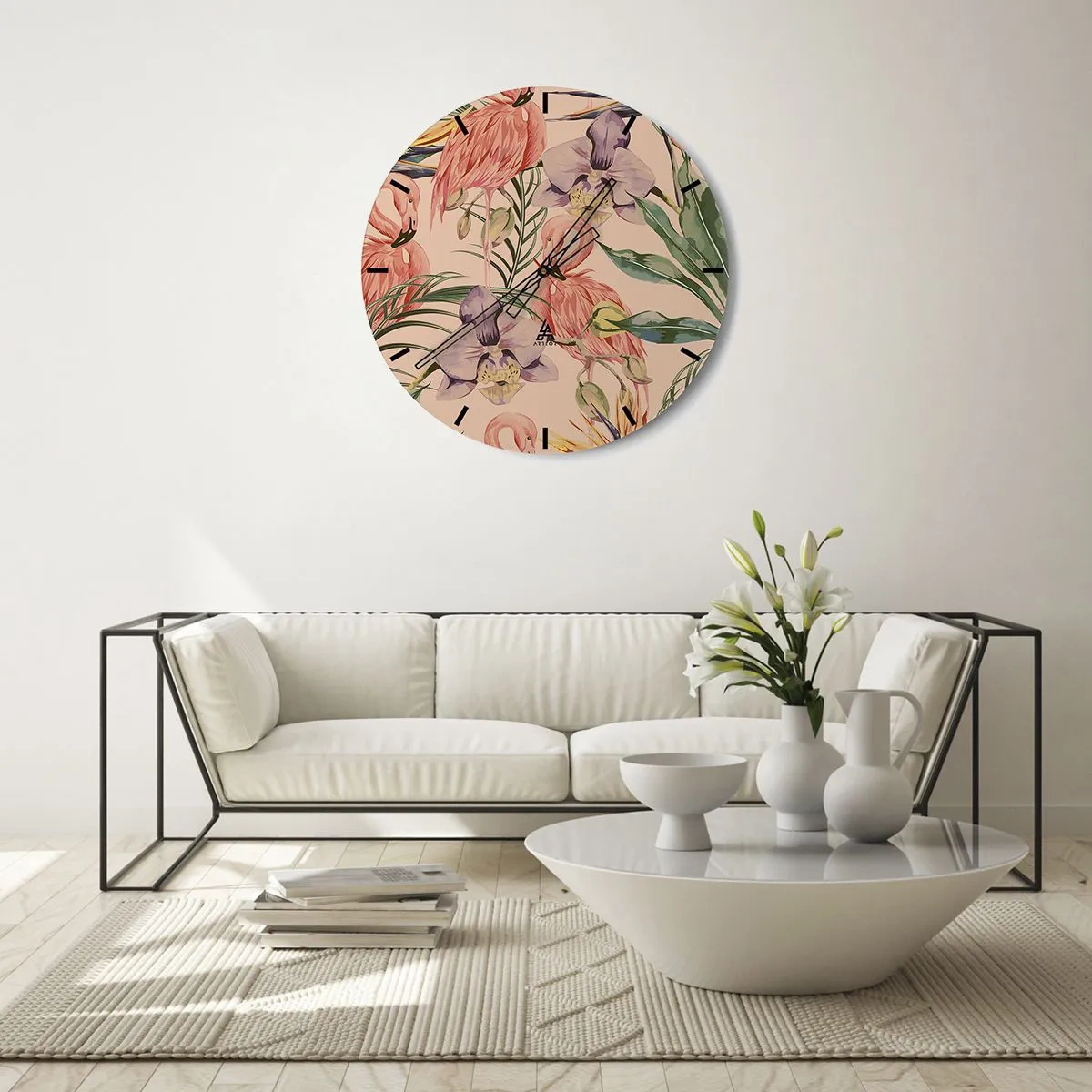 Orologio da parete - Orologio in Vetro - Fenicotteri e fiori su sfondo beige - 30x30cm - Un ballo rosa nei fiori - Decorazione murale moderna per soggiorno, cucina e camera da letto ARTTOR