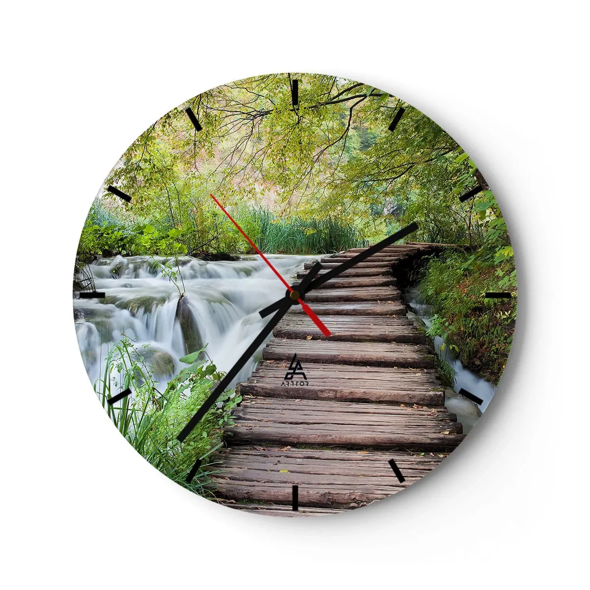 Orologio da parete - Orologio in Vetro - Un ponte di legno sopra una cascata immersa nel verde - 30x30cm - Acqua per niente tranquilla - Decorazione murale moderna per soggiorno, cucina e camera da letto ARTTOR