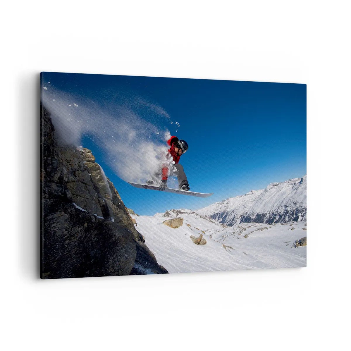 Quadro su tela - Stampe su Tela - Uno snowboarder salta da una roccia contro un paesaggio montano - 100x70cm - E diventi parte del panorama - Decorazione murale moderna per soggiorno e camera da letto ARTTOR