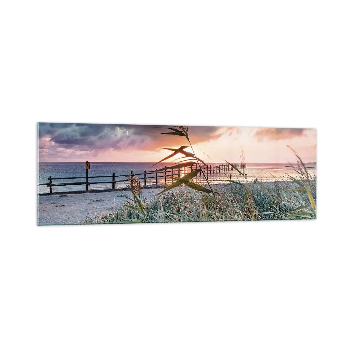Quadro su vetro - Spiaggia al tramonto con erba in primo piano - 160x50cm - Non andrà via col vento - Decorazione murale moderna per soggiorno e camera da letto ARTTOR