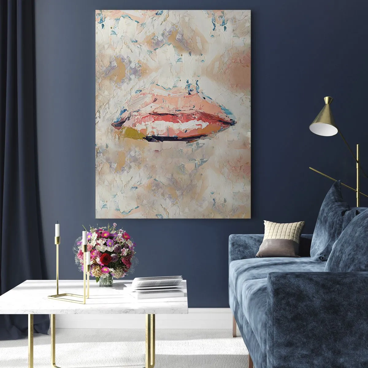 Quadro su vetro - Immagine astratta di labbra in una tecnica pittorica espressiva - 50x70cm - Risveglia i sensi - Decorazione murale moderna per soggiorno e camera da letto ARTTOR